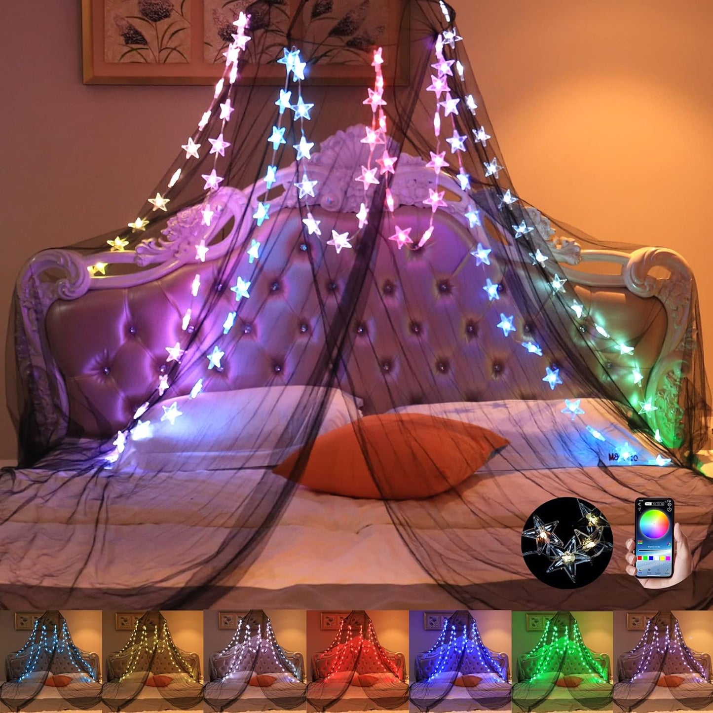 Comtelek Bed Canopy with Lights,Mosquito Net Bed Canopy for Girls Canopy Bed Curtains Full Queen Size from Ceiling,Dome Mosquito Netting Bed Tent Twin Girls Princess Canopy King Bed Decor