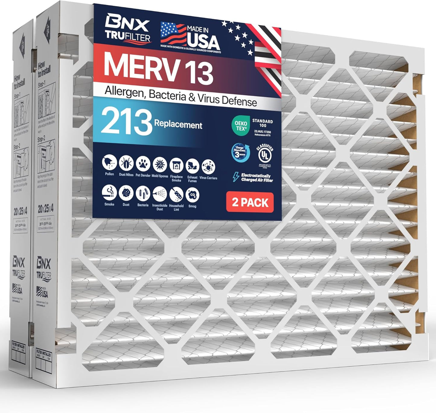 BNX TruFilter 20x20x1 MERV 13 (4-Pack) AC Furnace Air Filter - MADE IN USA - Electrostatic Pleated Air Conditioner HVAC AC Furnace Filters - Removes Pollen, Mold, Bacteria, Smoke