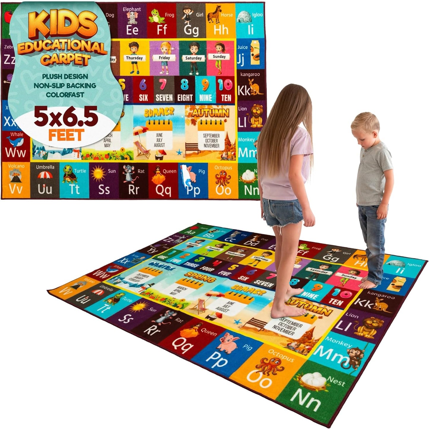 Educational Rug – Non-Slip ABC Carpet for Kids Room – 55" x 39" Soft Alphabet Kids Rug for Playroom, Daycare, Preschool, Classroom, Play Mat – Childrens ABC Mat with Letters Numbers Animals Months