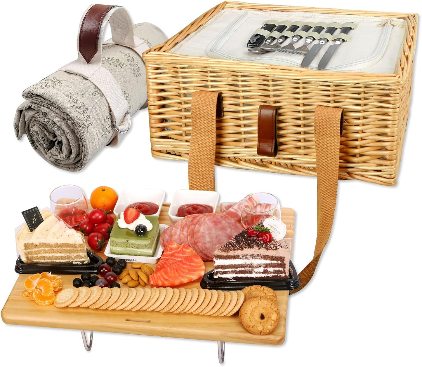 Hap Tim Wicker Picnic Basket for 4 with Mini Folding Wine Picnic Table & Large Insulated Cooler Bag & Cutlery Service Kits for 4 Person, Couples Gifts, Wedding Gifts (Y2307-4-CM)