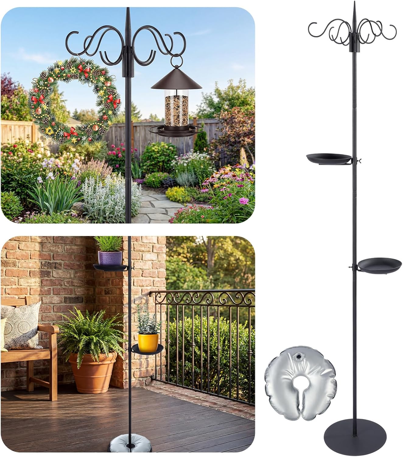 1 Set Upgraded 75.9" Shepherds Hook for Bird Feeder, Hanging Plant Wind Chime Stand, Metal Adjustable Standing Pole Holder for Indoor Outdoor, with 2 Rack & Weight Bag (Classic 2 Hooks)