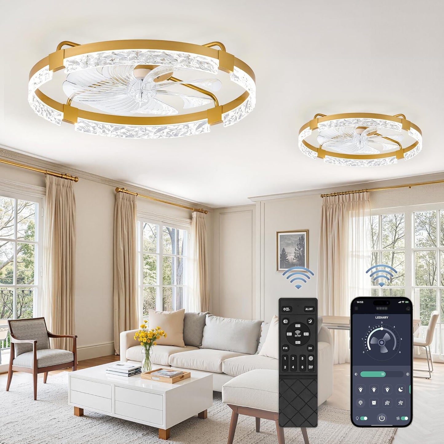 LEDIARY 20 Inch Low Profile Ceiling Fans with Lights and Remote, Fandelier Ceiling Fan Flush Mount, 3000K-6000K Dimmable LED Fan Light, White Modern Ceiling Fans with Lights for Bedroom