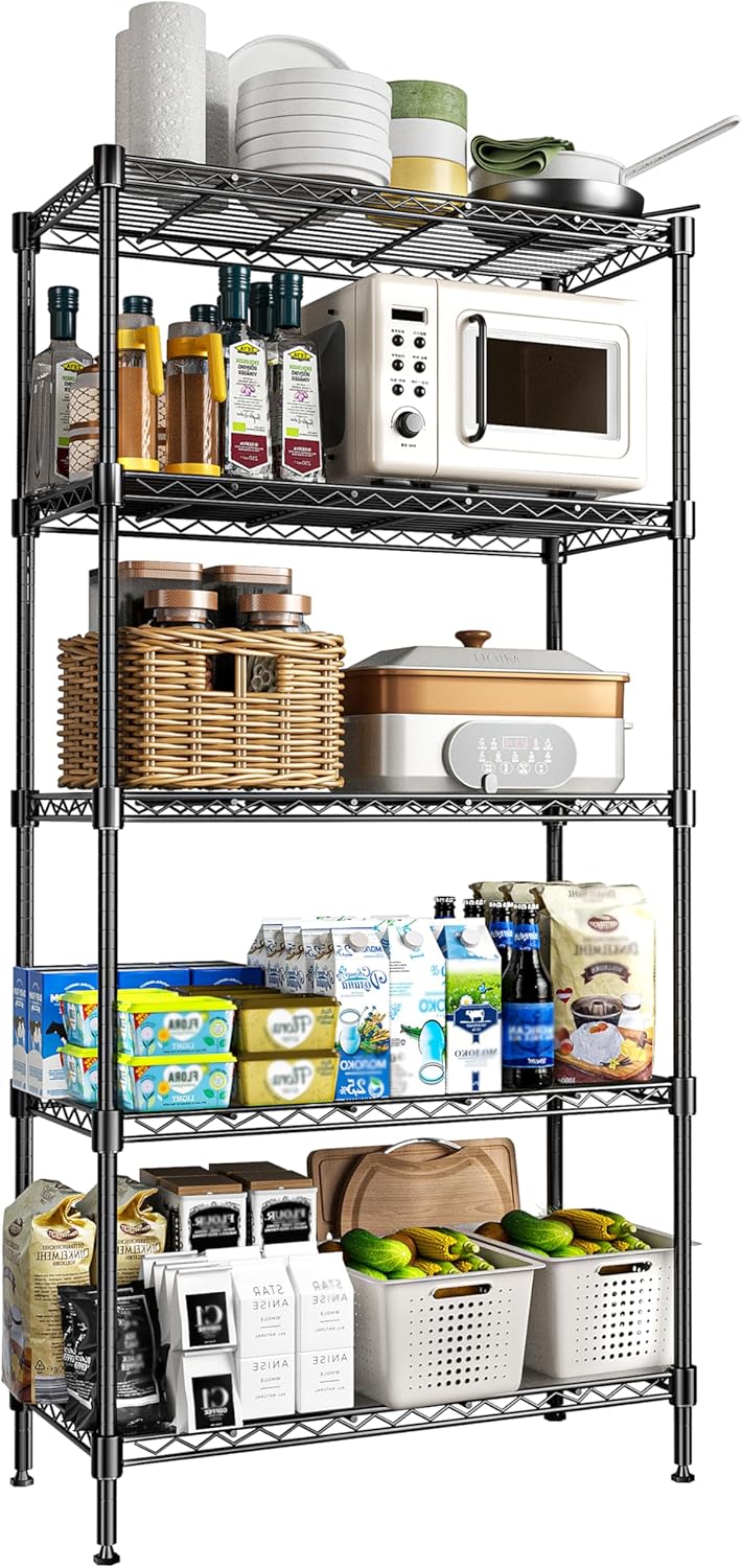 5-Tier Storage Shelves 72" H Wire Shelving, Adjustable Metal Shelving Pantry Shelves, 1325LBS Heavy Duty Rack with Shelf Liners for Garage Commercial Kitchen, 36" W x 14" D x 72" H, Black