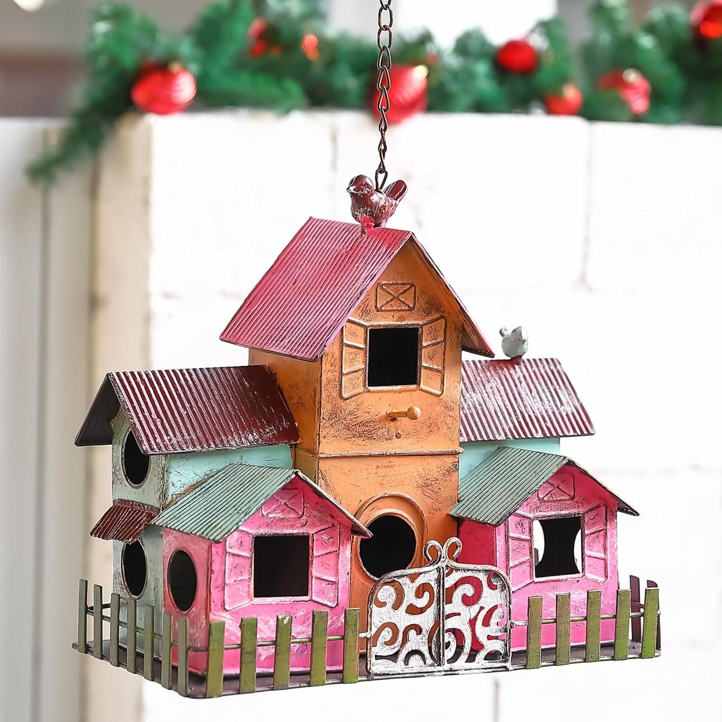 Large Bird Houses for Outside Hanging, 4 Hole Outdoor Bird House with Bell, Easy Clear, Colorful Metal Bird Houses for Outside.