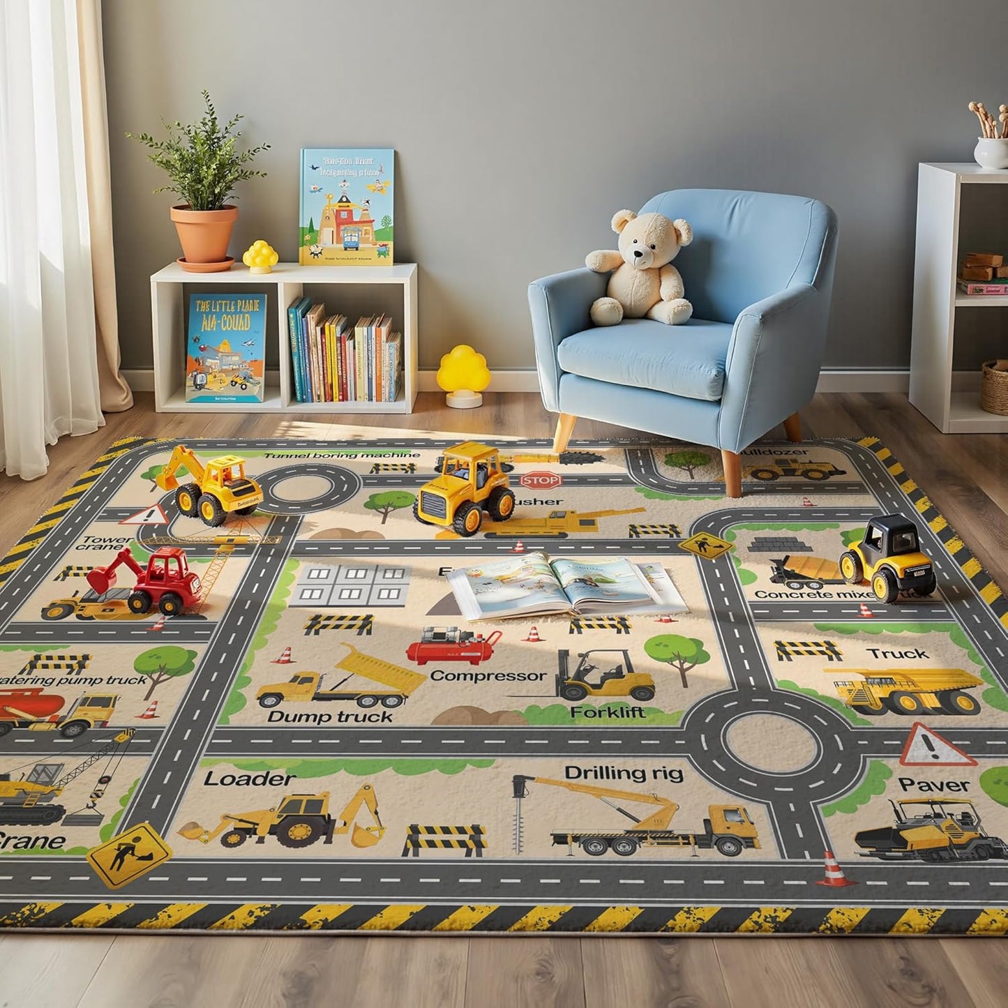 5x7ft Kids Town Road Play Rug - Non-Slip Faux Wool Carpet with Interactive City Map Design, Educational Toy Vehicle Mat for Kids, Bedroom Playroom Nursery Gift.