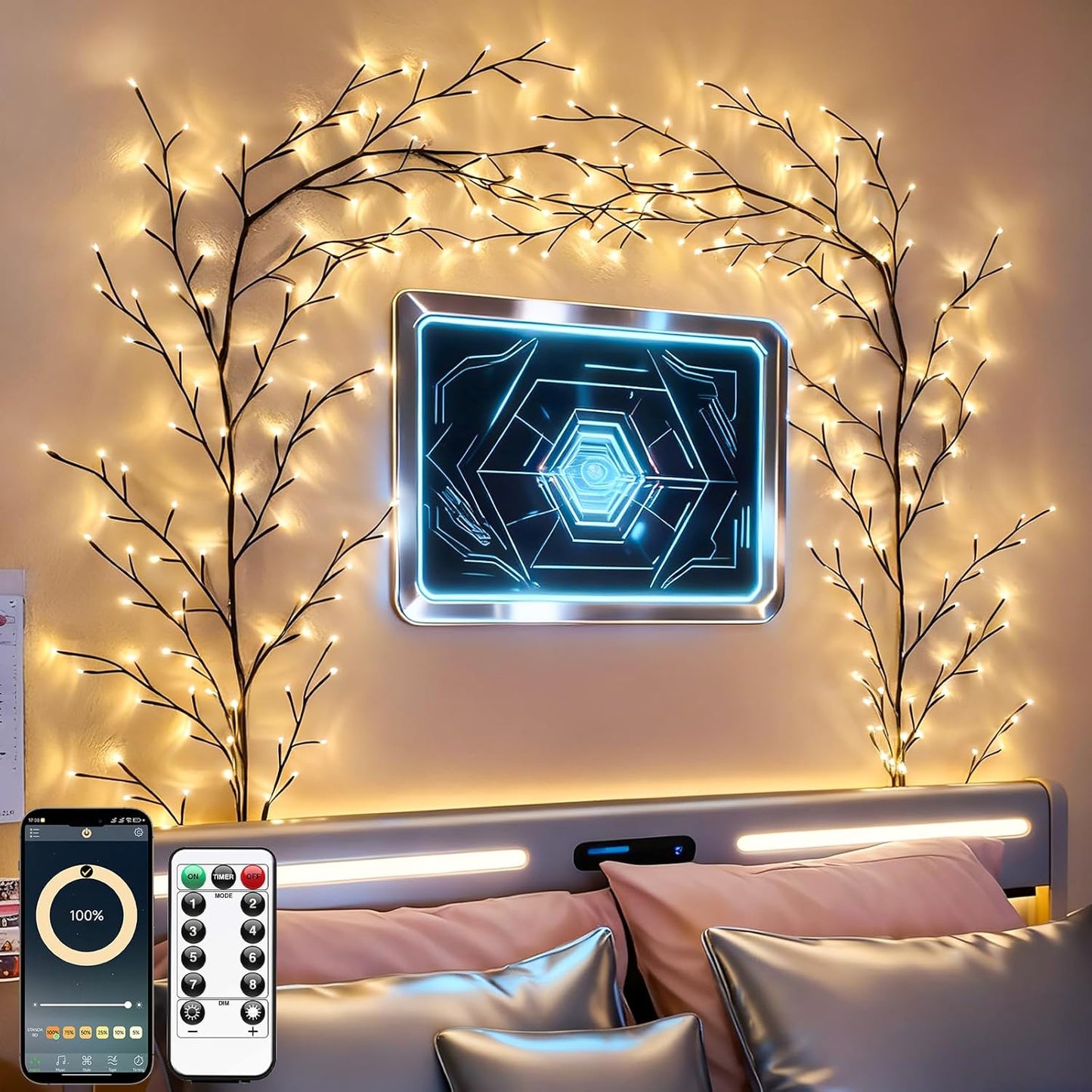 GOESWELL Enchanted Willow Vine Lights with Remote: 7.5Ft 144 LEDs Brown Twig Tree Branch Lights with Timer Dimmer for Indoor Living Room Bedroom Forest Boho Farmhouse Christmas Decor