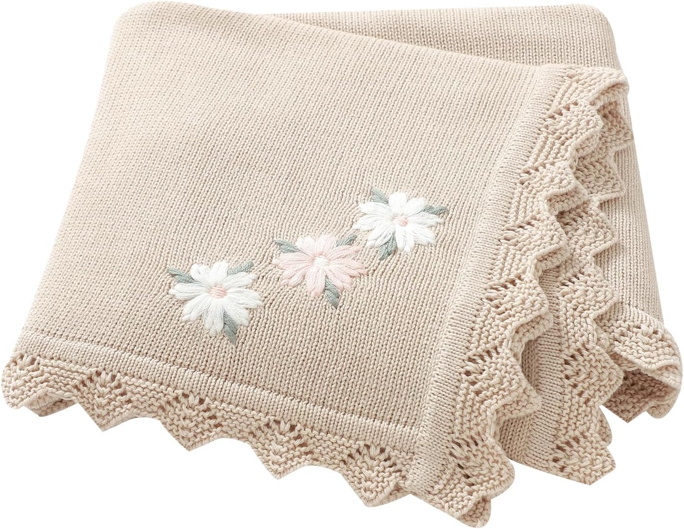 LAWKUL Baby Blanket 100% Traceable Cotton Knit Receiving Blankets Infant Swaddle for Newbron Boy Girls 40"x30" Beige Floral
