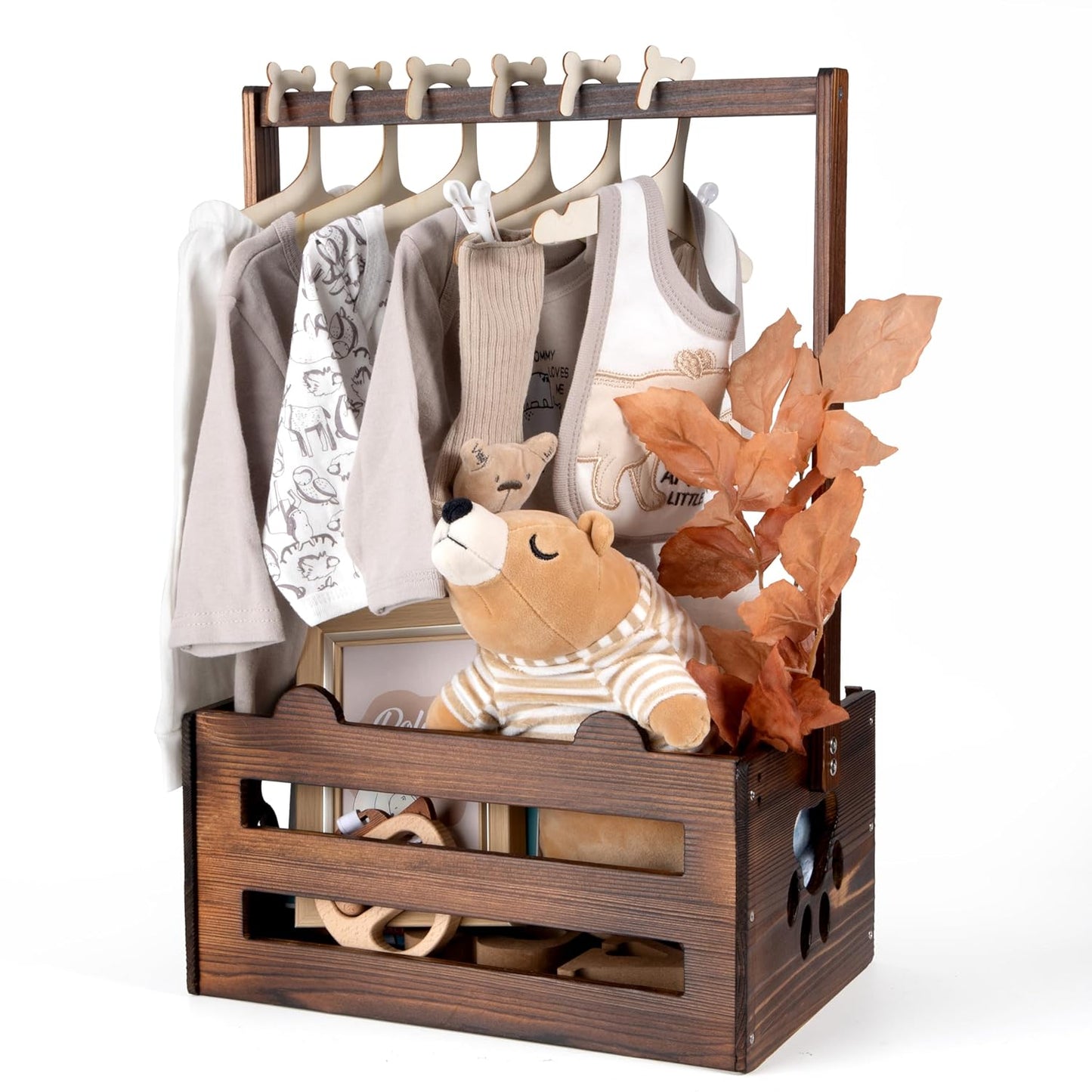 Wooden Baby Shower Crate Closet, Baby Storage Crate Hamper with Handle, Basket for Baby Shower Gifts, Welcome Gift Basket for Newborn Boys Girls, Pregnancy Gifts for New Parents