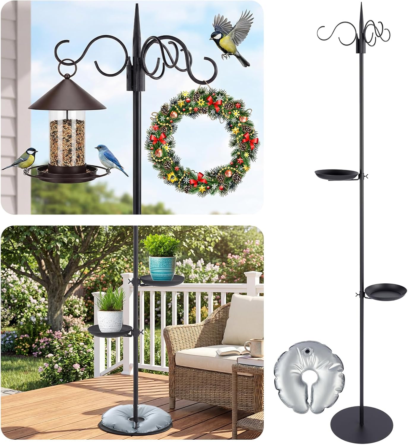 1 Set Upgraded 75.9" Shepherds Hook for Bird Feeder, Hanging Plant Wind Chime Stand, Metal Adjustable Standing Pole Holder for Indoor Outdoor, with 2 Rack & Weight Bag (Classic 2 Hooks)