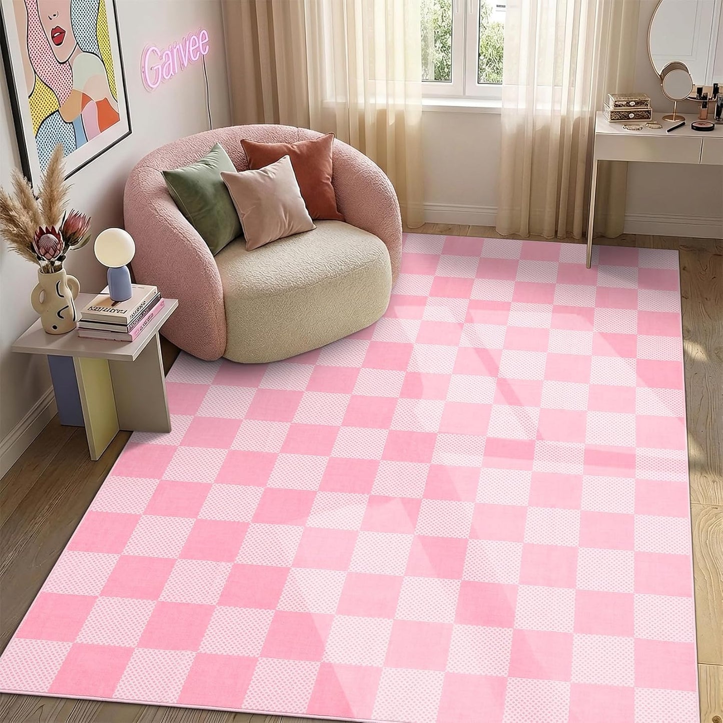 Checkered Sage Green 4x6 Washable Rug Geometric Diamond Dot Modern Soft Low-Pile Girls Small Rug for Bedroom Nursery Living Room Entryway Non-Slip TPE Backing