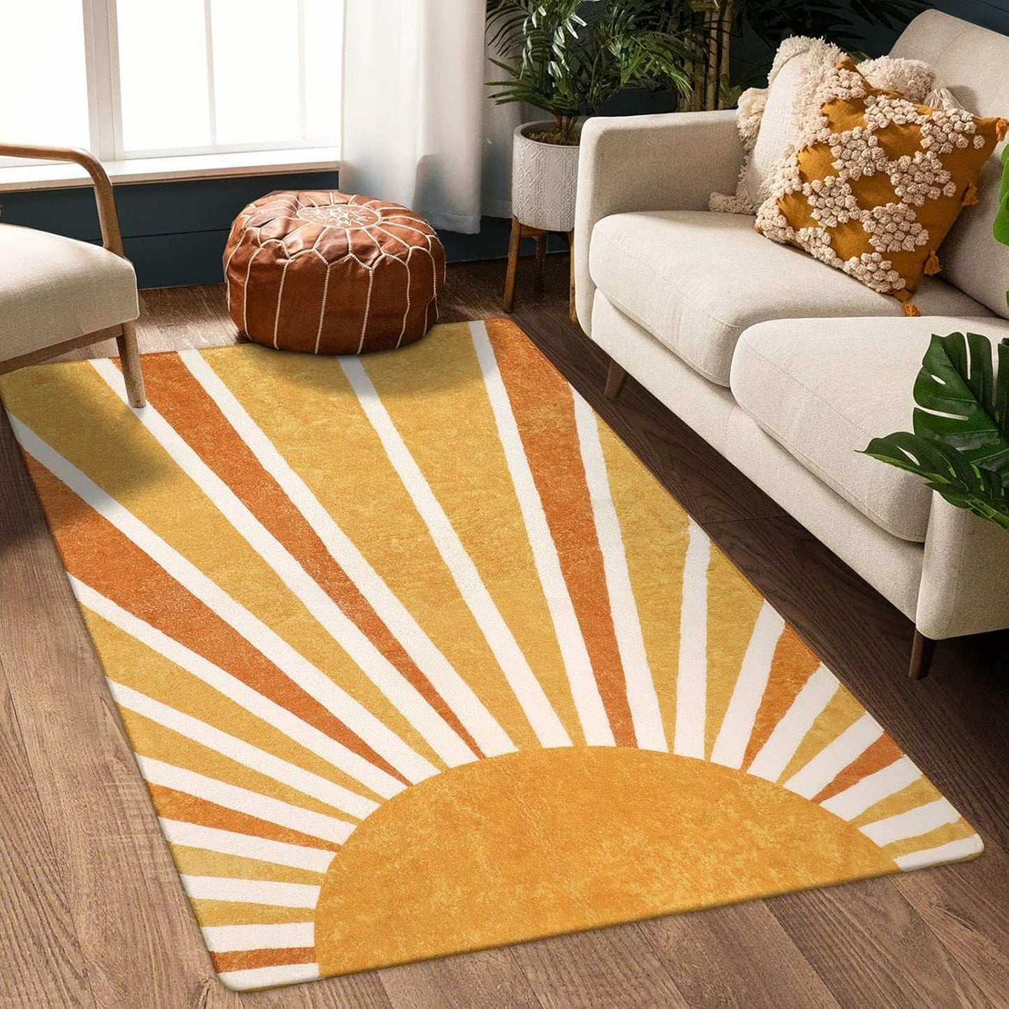 Lahome Boho Round Rugs - 4Ft Washable Non-Slip Small Round Area Rug Throw Soft Sofa Kids Nursery Room Rug Rainbow Sun Print Distressed Round Carpet for Bedroom Entryway Living Room Dining Room