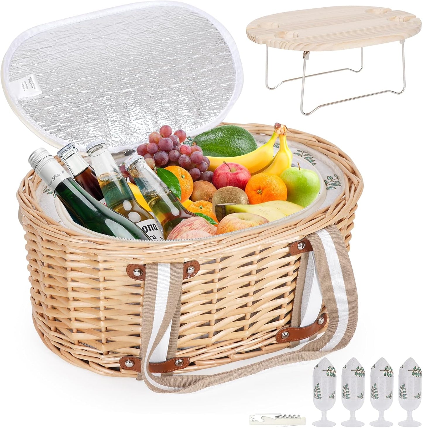 Picnic Basket Set for 4 - Wicker Insulated Picnic Basket with Folding Wine Table, Wine Picnic Kit with Liner for Couples, Camping, Outdoor, Valentine (WhiteFlower)