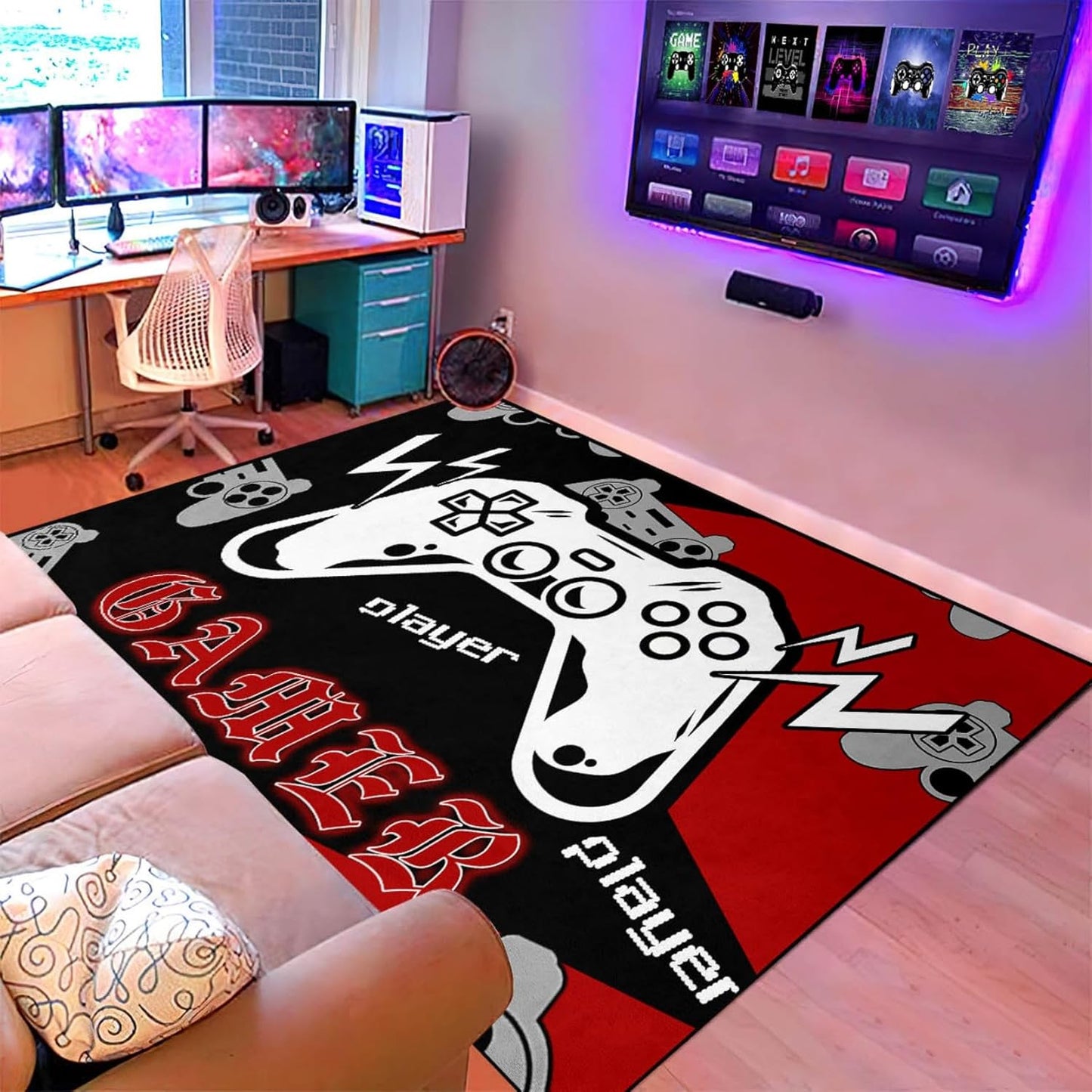 Gaming Area Rugs for Boys Cool Game Style Bedroom, Gamer Rug Boys Room Decor, Video Games Bedroom Carpet for Teens, Controller Gamepad Player Standing Throw Doormats Yoga Mat Black