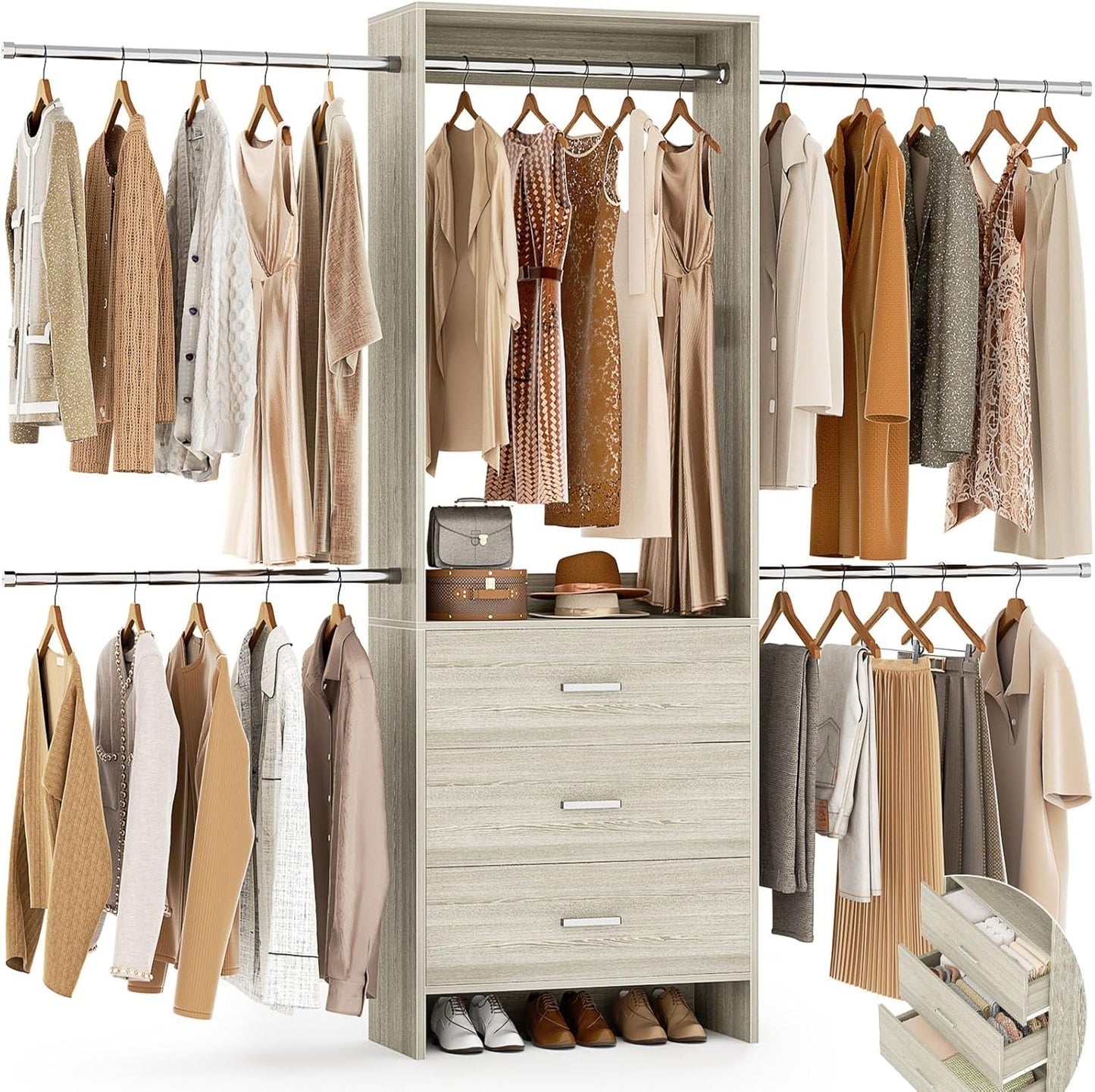 Aheaplus Closet System, Closet Organizer with 3 Wooden Drawers, Closet Organizer System, Walk-in Closet Wardrobe Clothes Rack with 4 Hanging Rods, Garment Rack, -4R, White