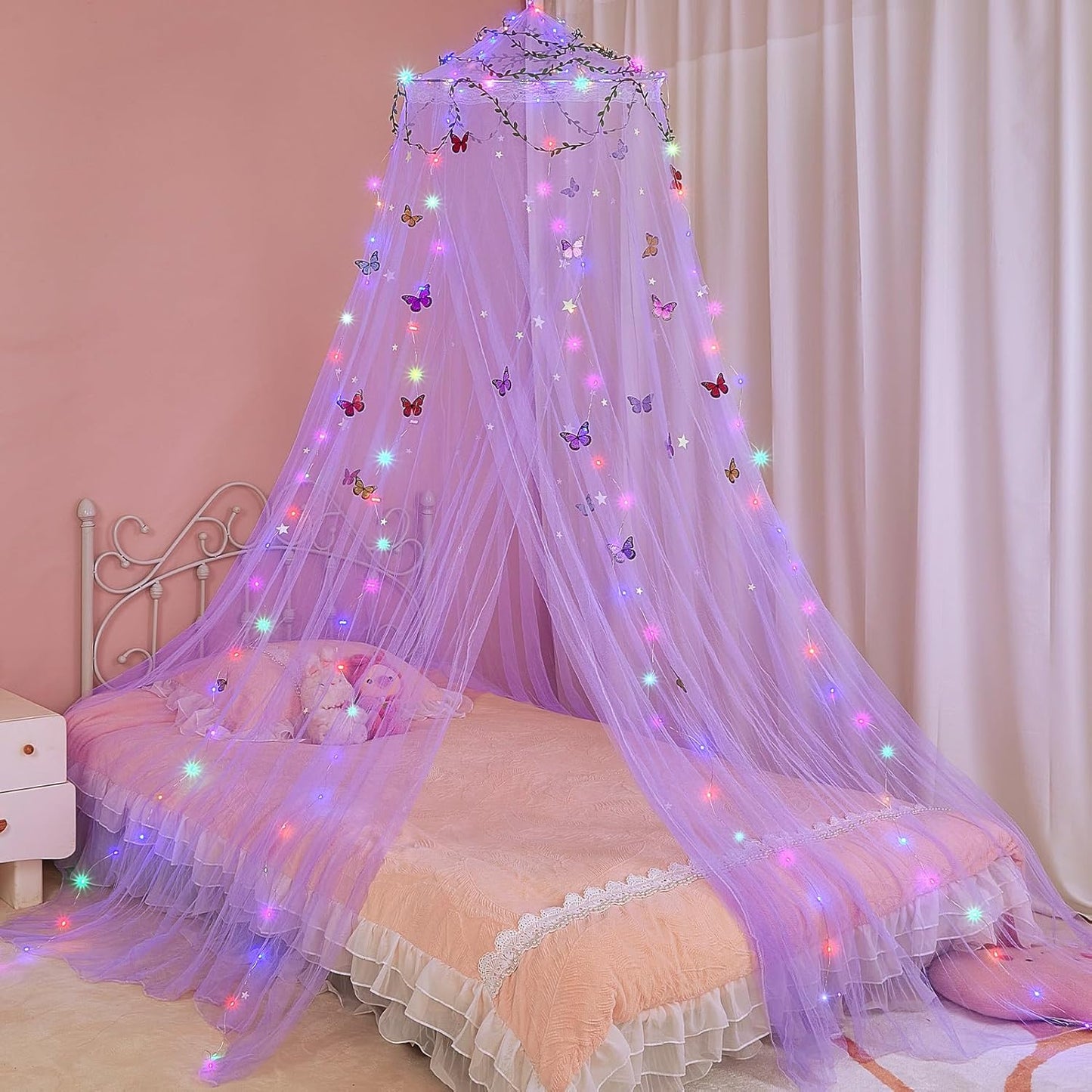 FIOBEE Bed Canopy for Girls Room Bed Canopy Curtains with Led Lights Mosquito Net DIY Princess Room Décor with Stars Butterflies for Kids Bedroom, White