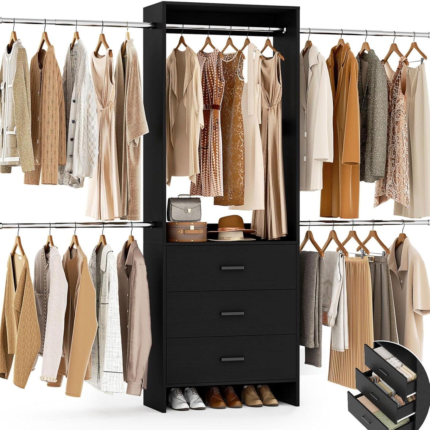 Aheaplus Closet System, Closet Organizer with 3 Wooden Drawers, Closet Organizer System, Walk-in Closet Wardrobe Clothes Rack with 4 Hanging Rods, Garment Rack, -4R, White