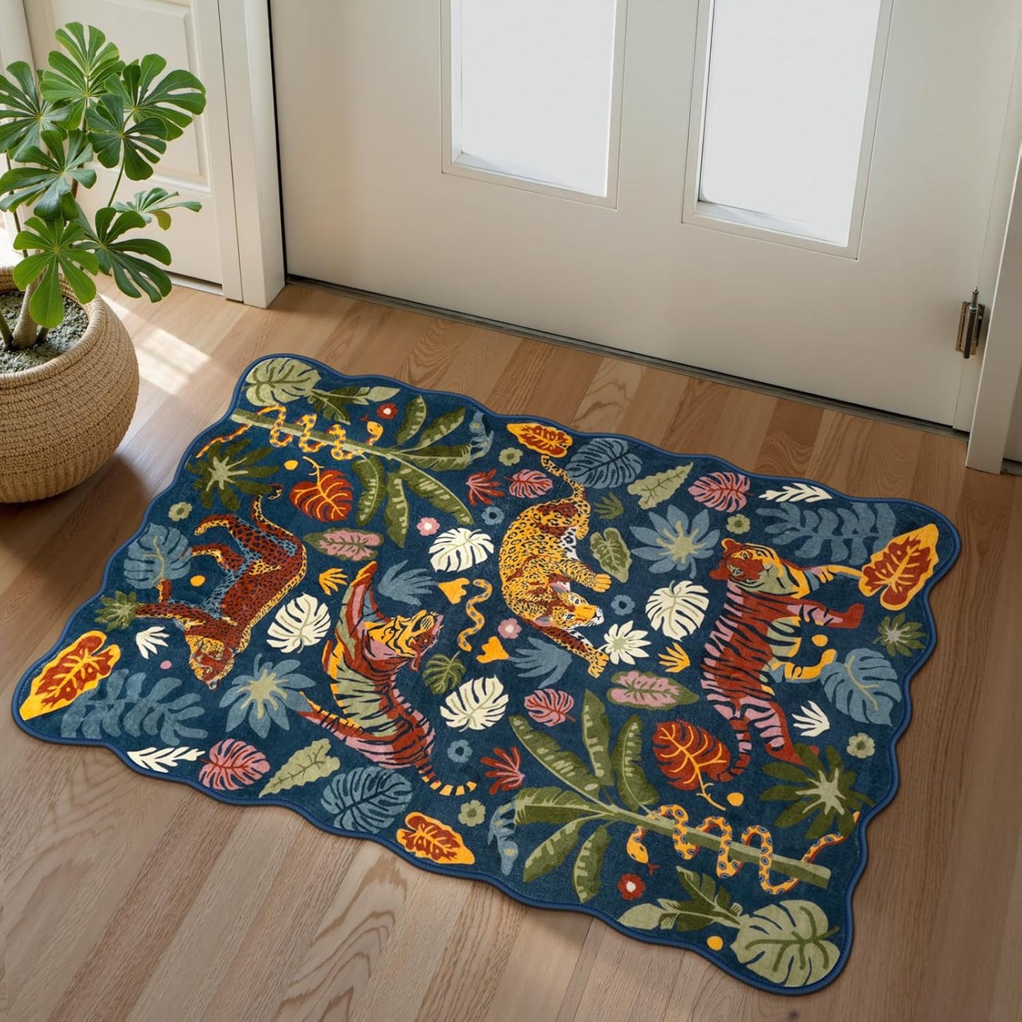 LEEVAN Jungle Animal Nursery Rugs 5x7, Washable Green Tiger Living Room Rugs Non Slip Scalloped Tiger Bedroom Rug, Low Pile Leopard Floor Carpet Leaf Print Kids Rug