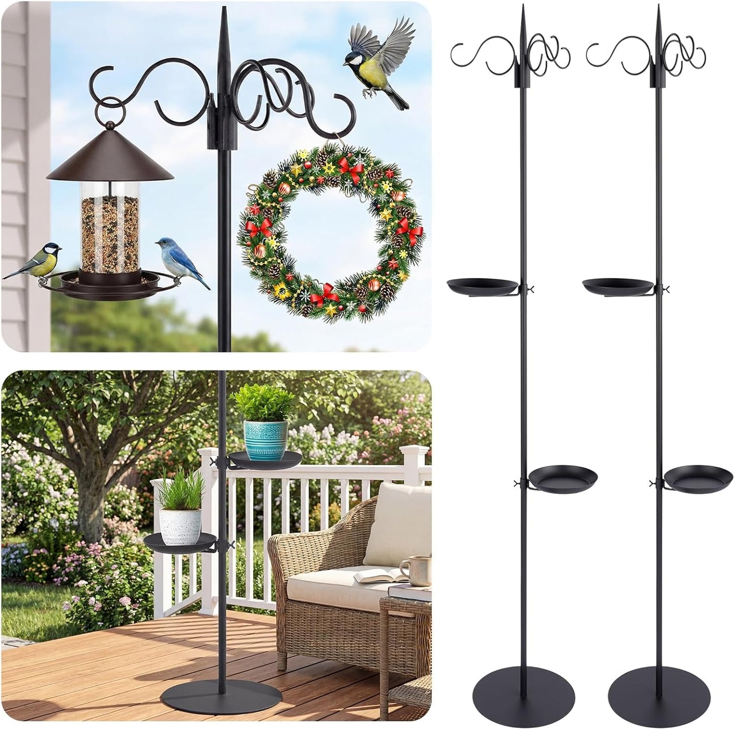 1 Set Upgraded 75.9" Shepherds Hook for Bird Feeder, Hanging Plant Wind Chime Stand, Metal Adjustable Standing Pole Holder for Indoor Outdoor, with 2 Rack & Weight Bag (Classic 2 Hooks)