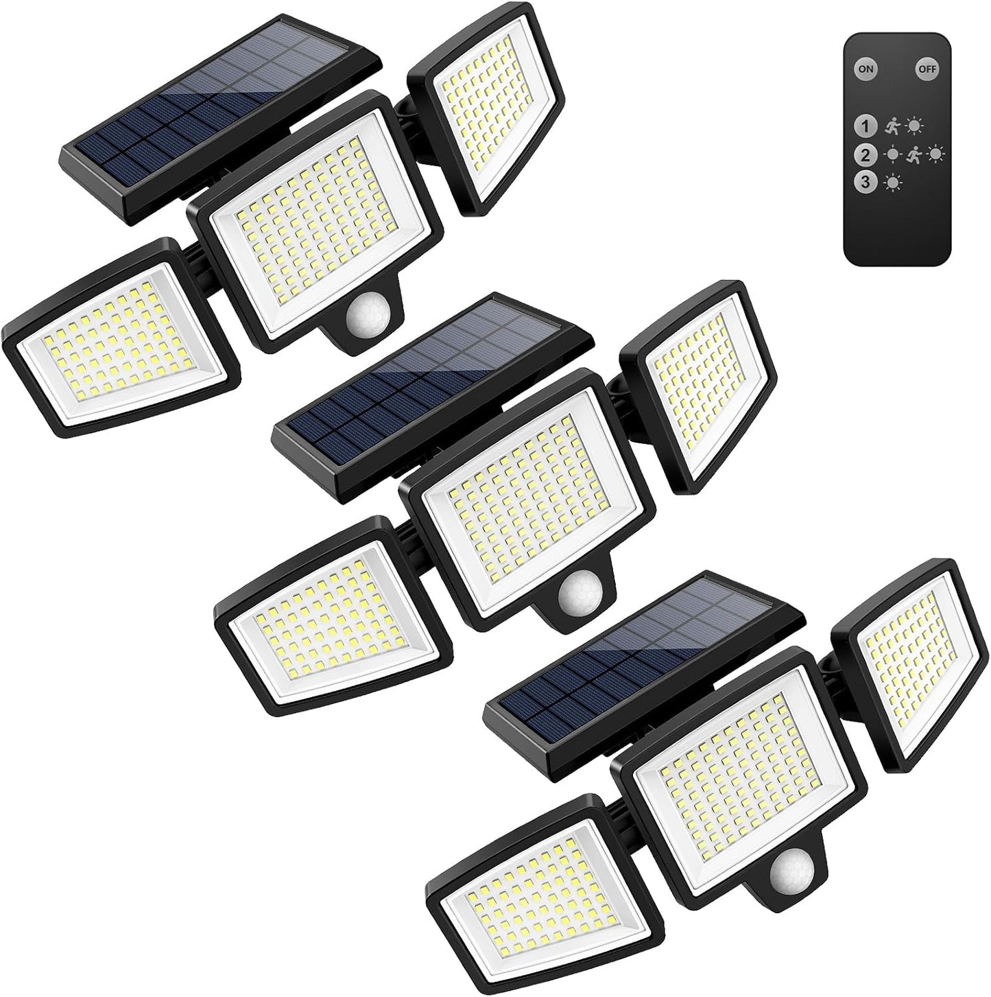 Tuffenough Solar Outdoor Lights 2500LM 210 LED Security Lights with Remote Control,3 Heads Motion Sensor Lights, IP65 Waterproof,270° Wide Angle Flood Wall Lights with 3 Modes(2 Packs)