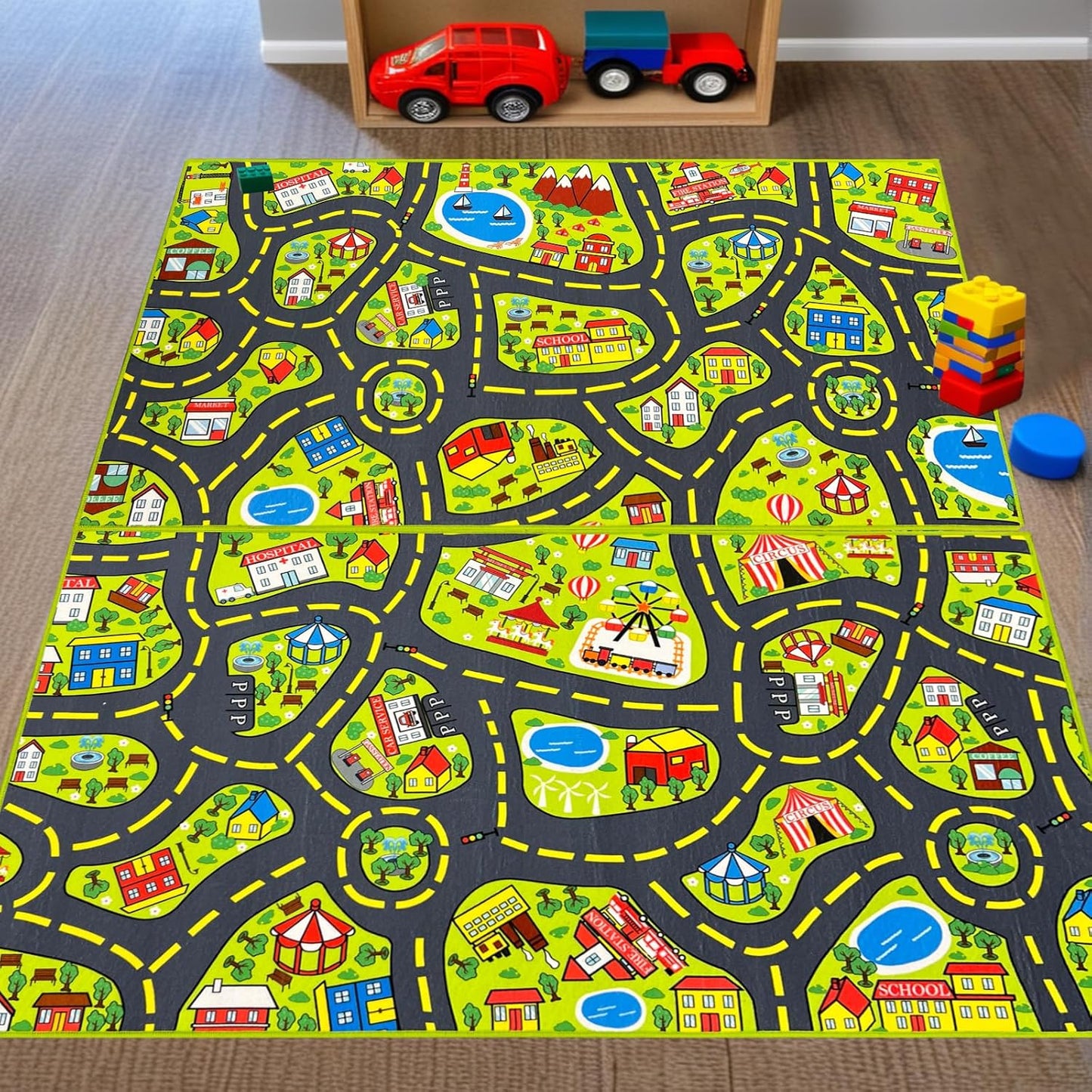 5x7 ft Kids Car Rug - Large Blue Traffic Road Play Mat for Cars, Educational City Play Carpet for Playroom, Nursery & Bedroom Decor