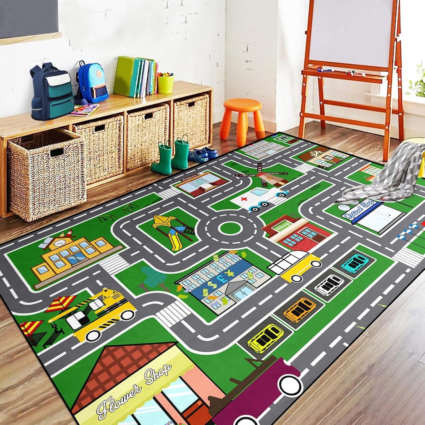 5x7 ft Kids Car Rug - Large Blue Traffic Road Play Mat for Cars, Educational City Play Carpet for Playroom, Nursery & Bedroom Decor