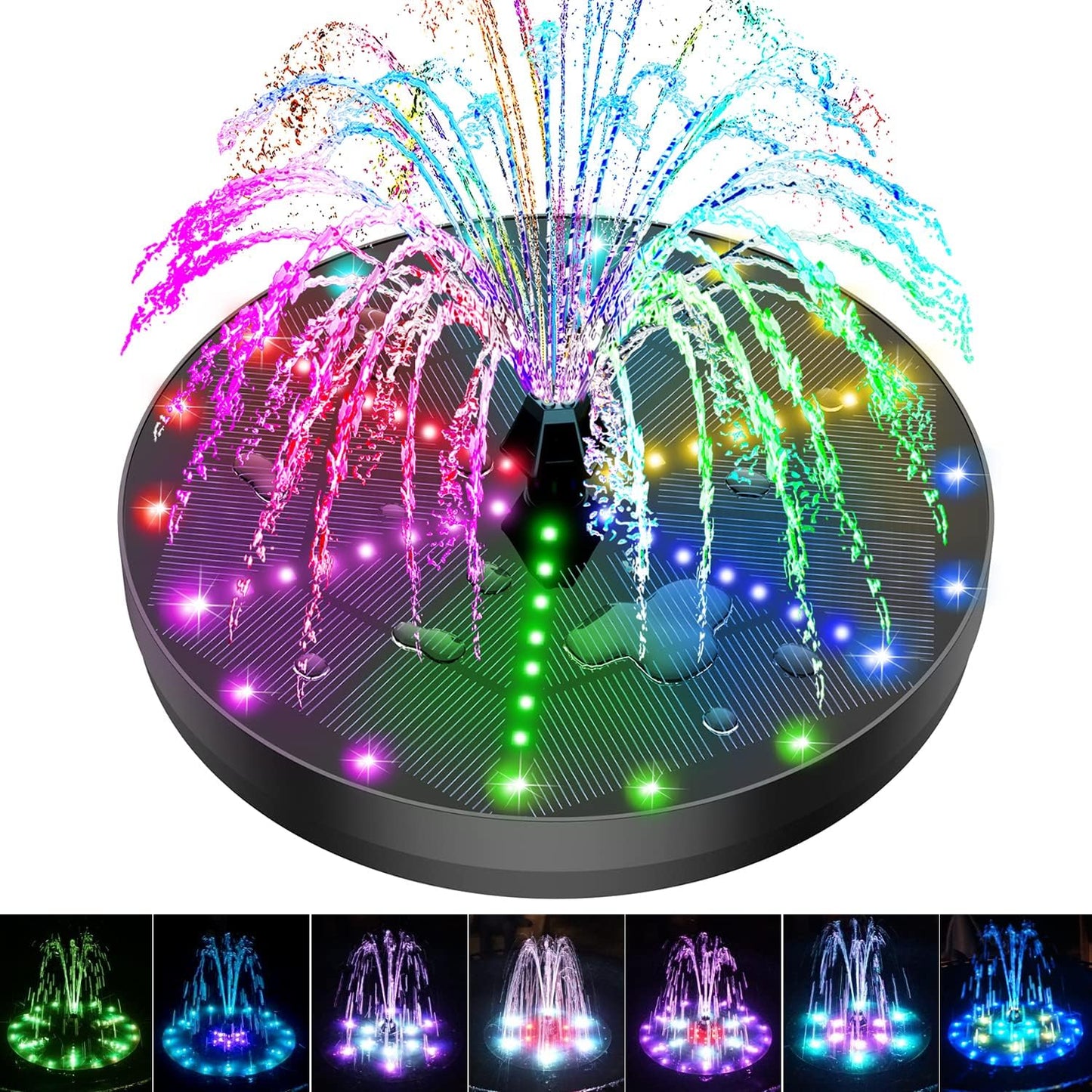 Solar Bird Bath Fountains Upgraded, 4W Solar Powered Water Fountain Pump with 4000 Battery, 7 Nozzles & 4 Fixers, Colorful LED Lights for Garden, Pond, Swimming Pool, Fish Tank, and Outdoor