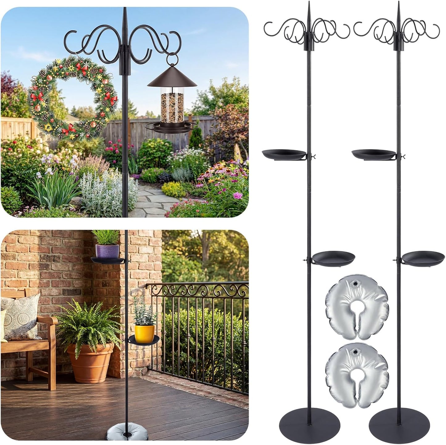 1 Set Upgraded 75.9" Shepherds Hook for Bird Feeder, Hanging Plant Wind Chime Stand, Metal Adjustable Standing Pole Holder for Indoor Outdoor, with 2 Rack & Weight Bag (Classic 2 Hooks)