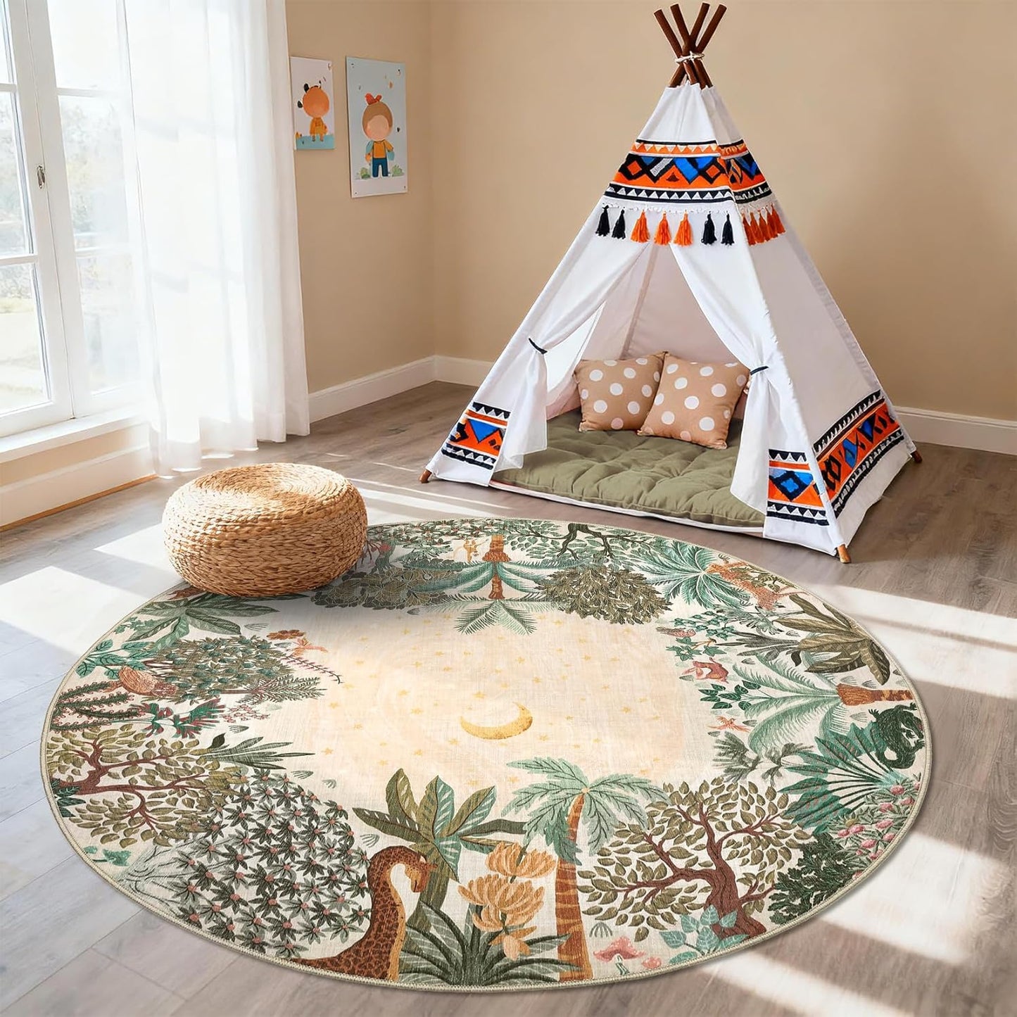 GarveeHome 4x6 Washable Area Rug for Kids Room, Jungle Animal Soft Bedroom Rug Non Slip Low Pile Small Carpet Stain Resistant Throw Rug for Bedside Playroom Classroom Office Dining Room