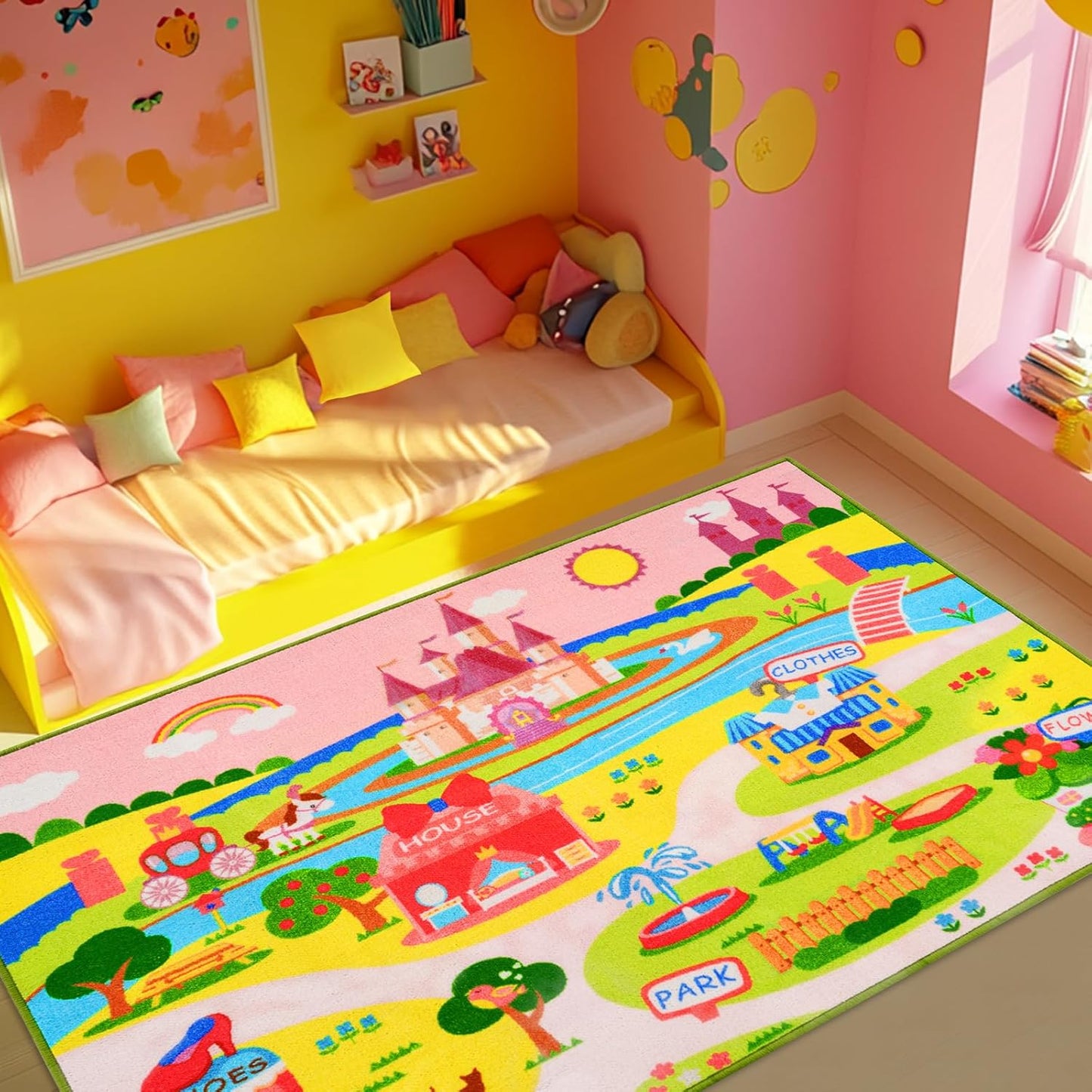 Booooom Jackson Car Rug with Exquisite Box,Washable Rug Kids Area Rug Play Mat 60"x32",Train Track Car Mat,Children Non Slip City Road Floor Carpet for Playroom Bedroom Kids Room