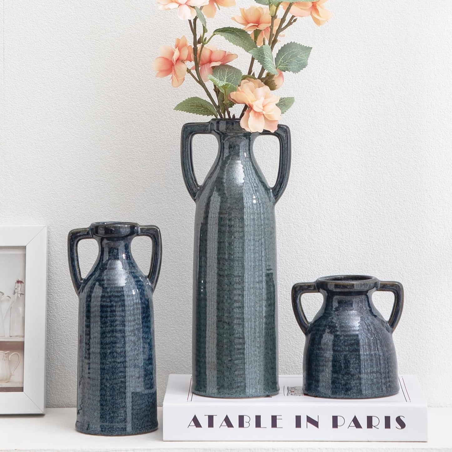 Modern Ceramic Vase Set of 3, 8 inch Simple Geometric Lines Vase for Pampas Grass Dried Fresh Flowers, Home Decor, Bedroom, Living Room, Bookshelf Decoration, Neutral Minimalist Nordic Style