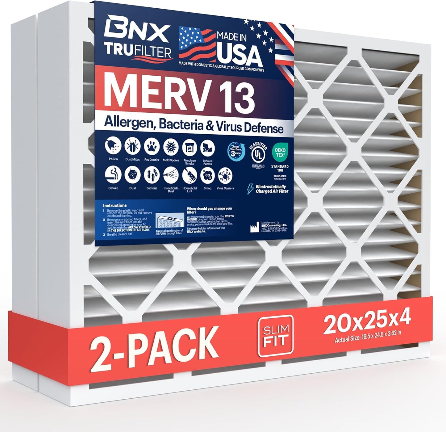BNX TruFilter 20x20x1 MERV 13 (4-Pack) AC Furnace Air Filter - MADE IN USA - Electrostatic Pleated Air Conditioner HVAC AC Furnace Filters - Removes Pollen, Mold, Bacteria, Smoke