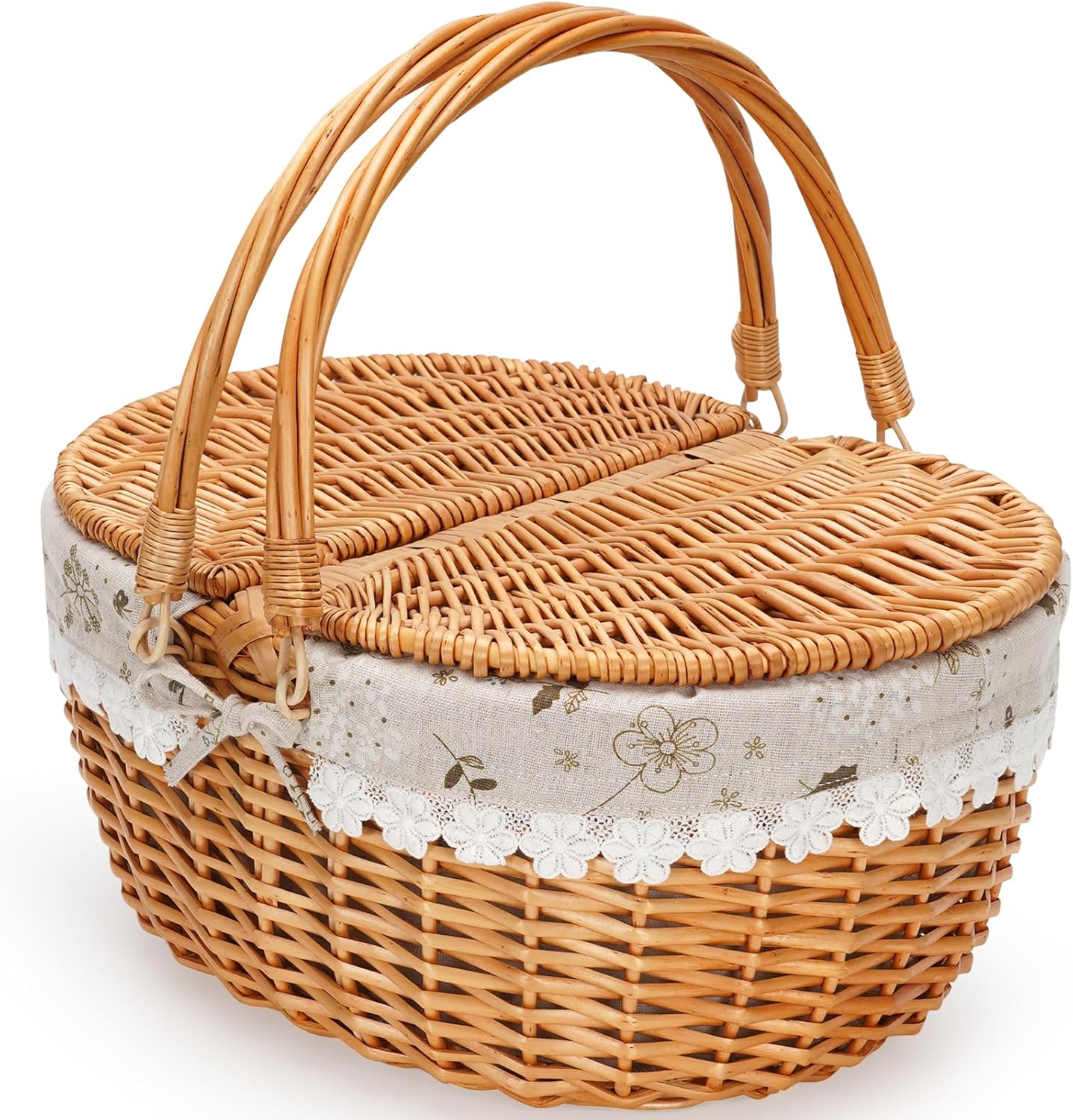 Wicker Picnic Basket with Removable Liner, Empty Picnic Baskets with Lid, Vintage-Style Picnic Hamper with Folding Woven Handle for Picnic, Camping, Outdoor, Halloween, Thanks Giving, Birthday (Cream)