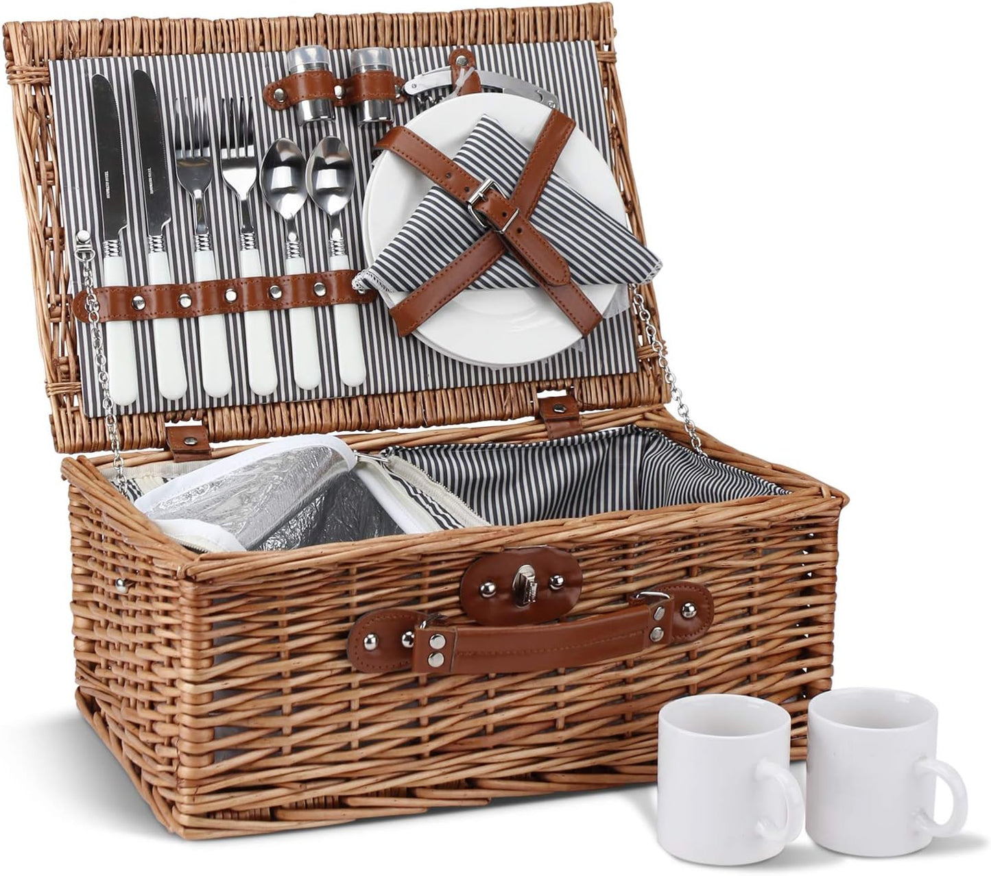 ZORMY Wicker Picnic Basket for 2 Person, Willow Hamper Basket Sets with Insulated Compartment, Handmade 2 Person Picnic Basket Classical Red Check with Utensils Cutlery Perfect for Picnic, Camping