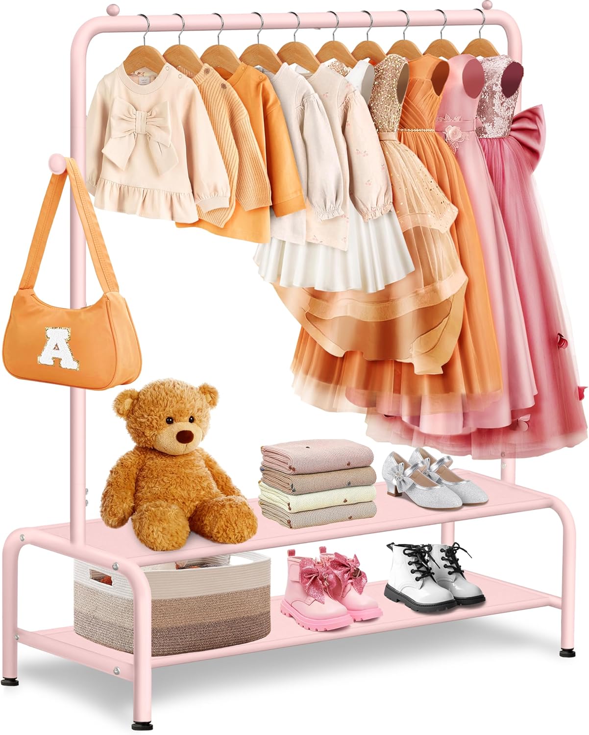 Kids Clothing Rack - Dress Up Storage - Dress Up Rack for Little Girls - Small Kids Costume Wardrobe with 2 Fabric Shelves - Princess Room Bedroom Decor