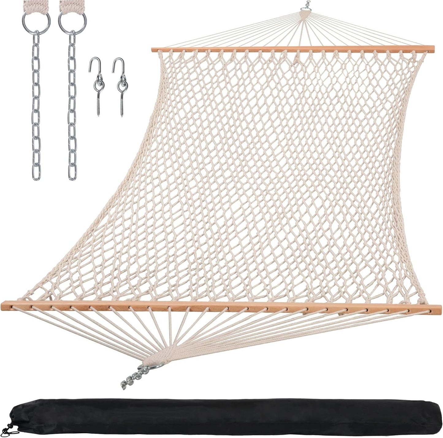 SUNCREAT Hammocks Traditional Rope Double Hammock with Hardwood Spreader Bar and Carrying Bag, 450 lbs Capacity, Natural
