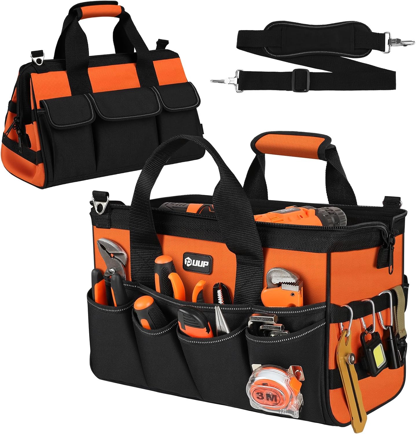 Heavy Duty Tool Bag 15-Inch, 16-Pocket Portable Empty Tool Box Organizer, Big Storage Toolbox Organization, Soft Handle Large Zipper Carrying Toolbag, Father Day Gifts for Him Dad Men, Green