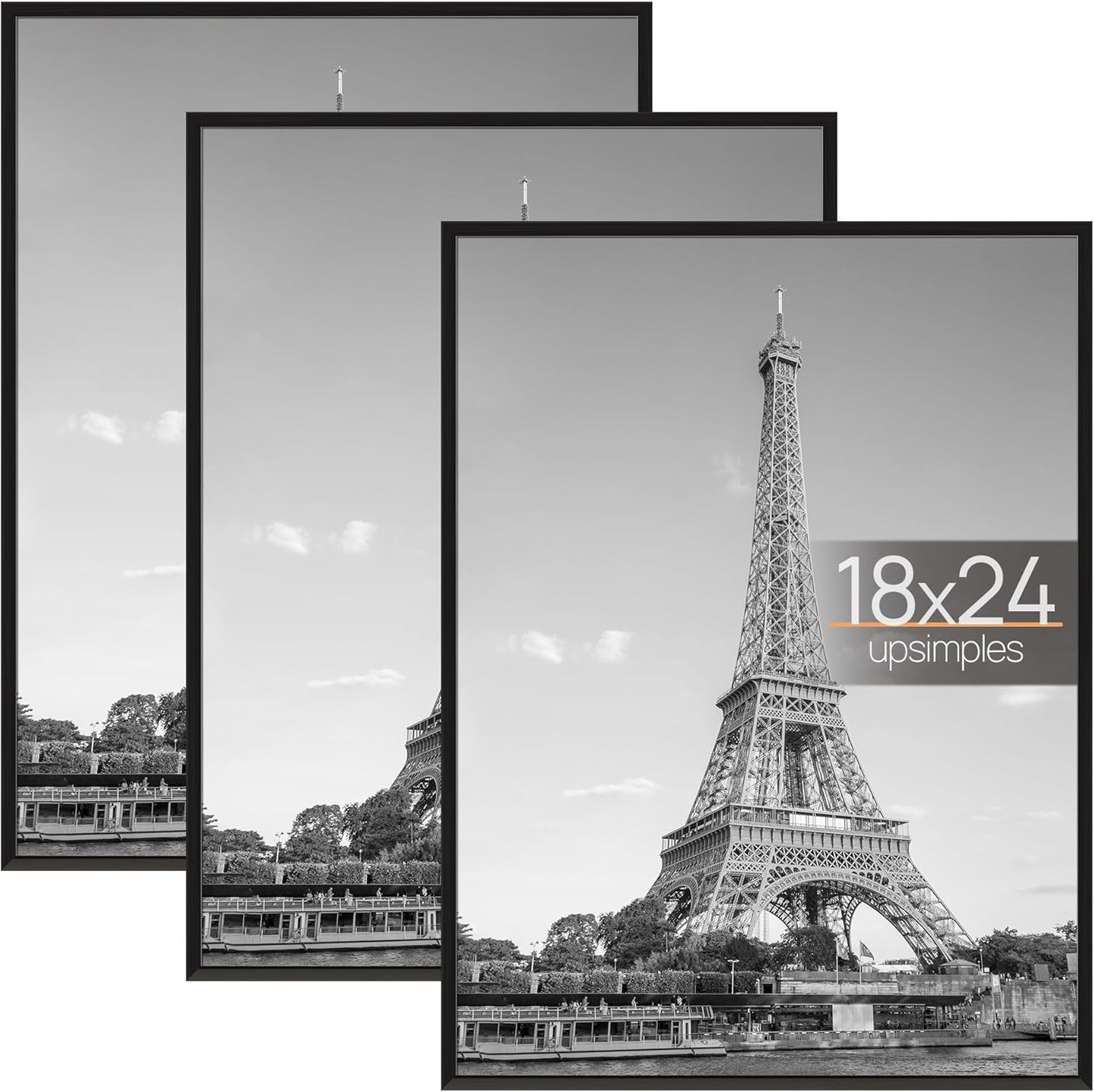upsimples 16x24 Picture Frame Black 3 Pack, Scratch-Proof Poster Frames 16 x 24 for Photo Gallery - Slide-In Strips, Horizontal or Vertical Wall Mounting