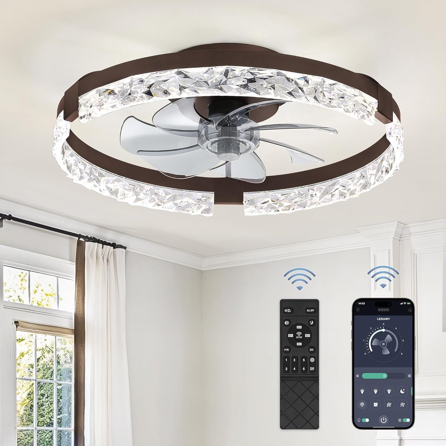 LEDIARY 20 Inch Low Profile Ceiling Fans with Lights and Remote, Fandelier Ceiling Fan Flush Mount, 3000K-6000K Dimmable LED Fan Light, White Modern Ceiling Fans with Lights for Bedroom