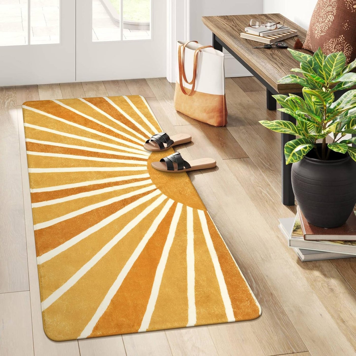Lahome Boho Round Rugs - 4Ft Washable Non-Slip Small Round Area Rug Throw Soft Sofa Kids Nursery Room Rug Rainbow Sun Print Distressed Round Carpet for Bedroom Entryway Living Room Dining Room