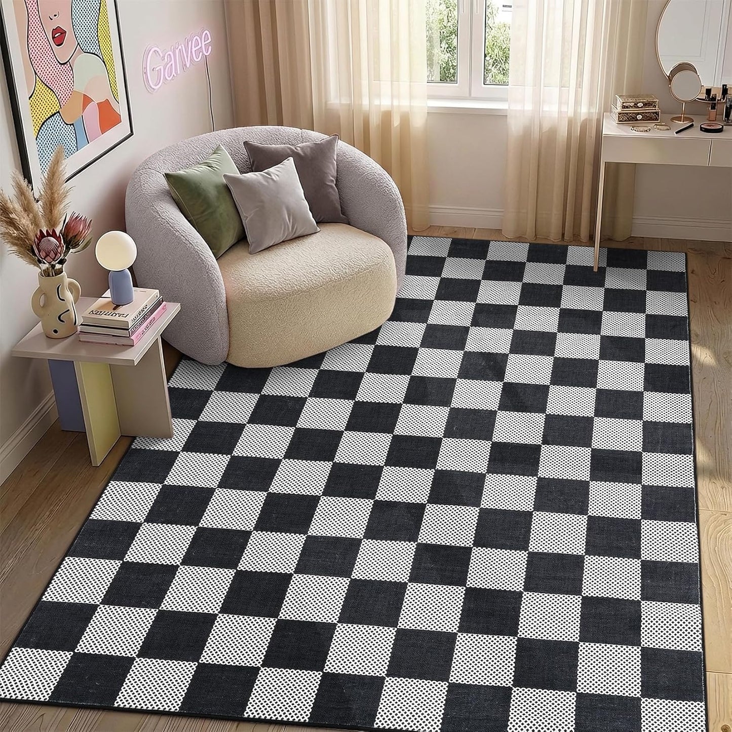 Checkered Sage Green 4x6 Washable Rug Geometric Diamond Dot Modern Soft Low-Pile Girls Small Rug for Bedroom Nursery Living Room Entryway Non-Slip TPE Backing