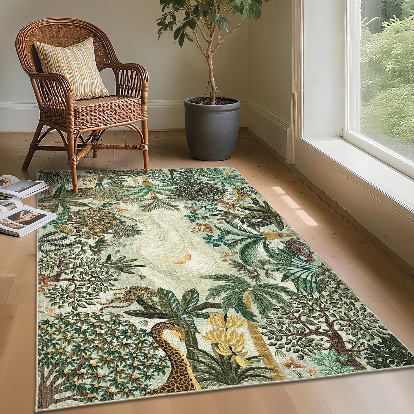 GarveeHome 4x6 Washable Area Rug for Kids Room, Jungle Animal Soft Bedroom Rug Non Slip Low Pile Small Carpet Stain Resistant Throw Rug for Bedside Playroom Classroom Office Dining Room