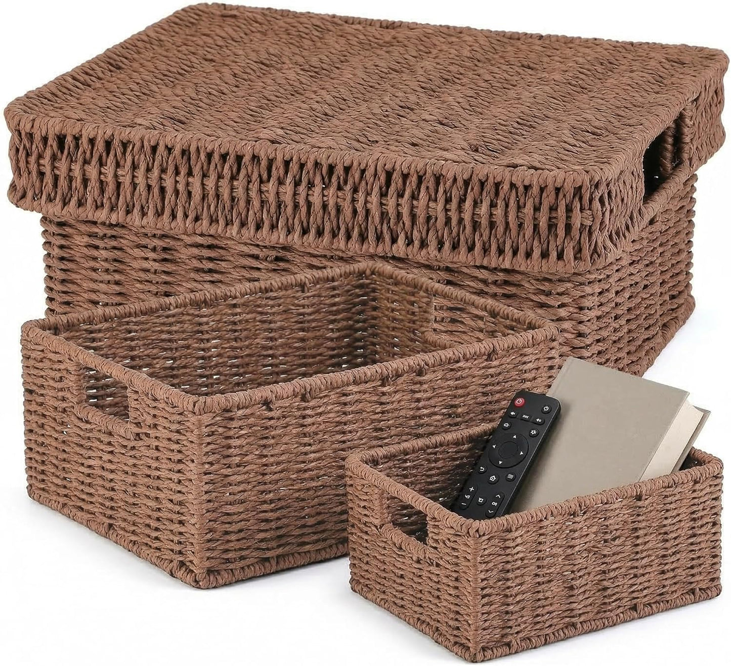 Wicker Storage Basket with Lid - Woven Storage Basket for Organizing,Rectangular Decorative Boxes Bins with Lids for Shelves, living room, Nursery, 2-Piece Set(Natural)