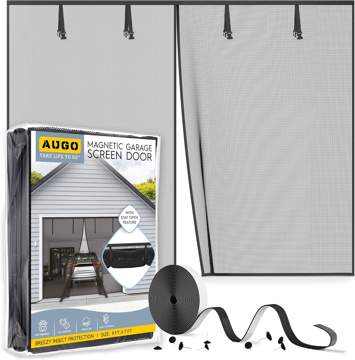 AUGO Magnetic Screen Door - Self Sealing, Heavy Duty, Hands Free Mesh Partition Keeps Bugs Out - Pet and Kid Friendly - Patent Pending Keep Open Feature - 38 Inch x 83 Inch