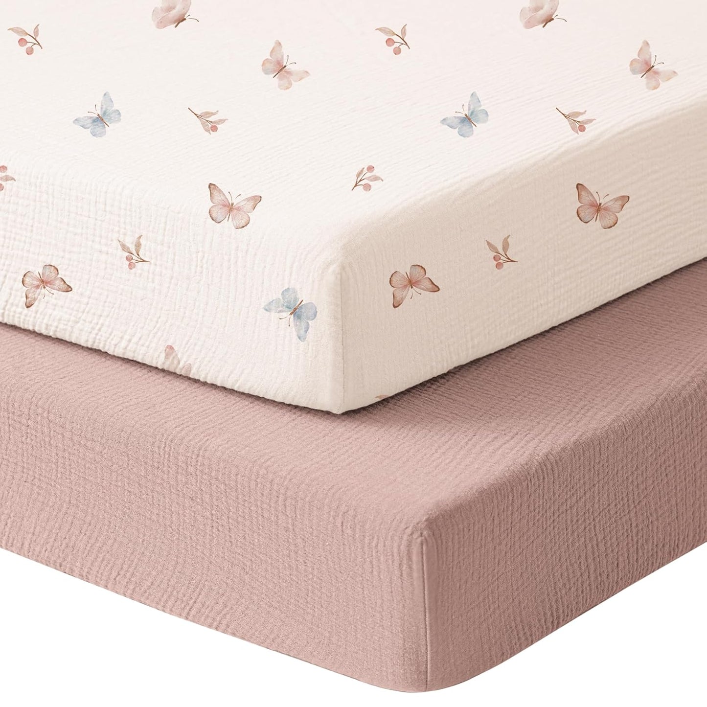 Konssy Muslin Crib Sheets for Girl Boy, 2 PCS Soft and Breathable Cotton Baby Sheets for Standard Crib Mattress, 52"x 28" (Floral, Pink)