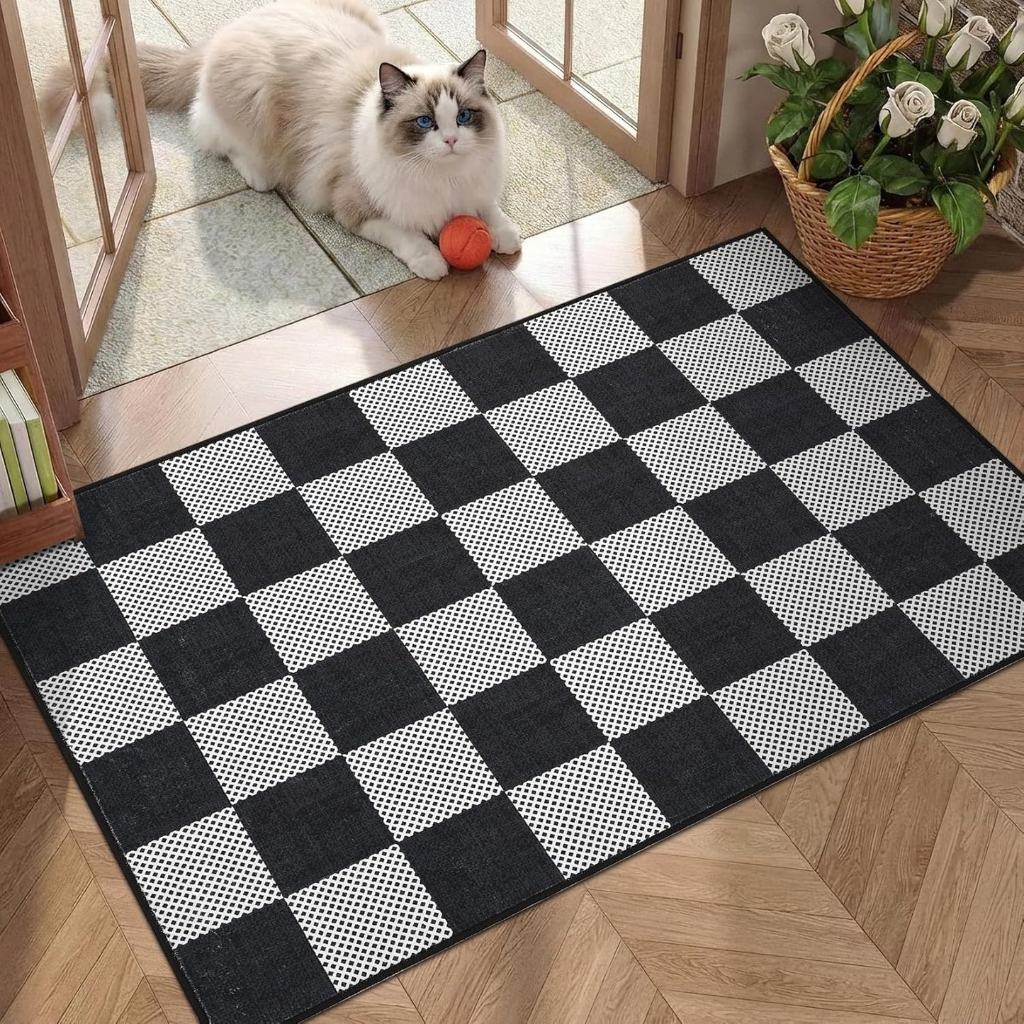 Checkered Sage Green 4x6 Washable Rug Geometric Diamond Dot Modern Soft Low-Pile Girls Small Rug for Bedroom Nursery Living Room Entryway Non-Slip TPE Backing
