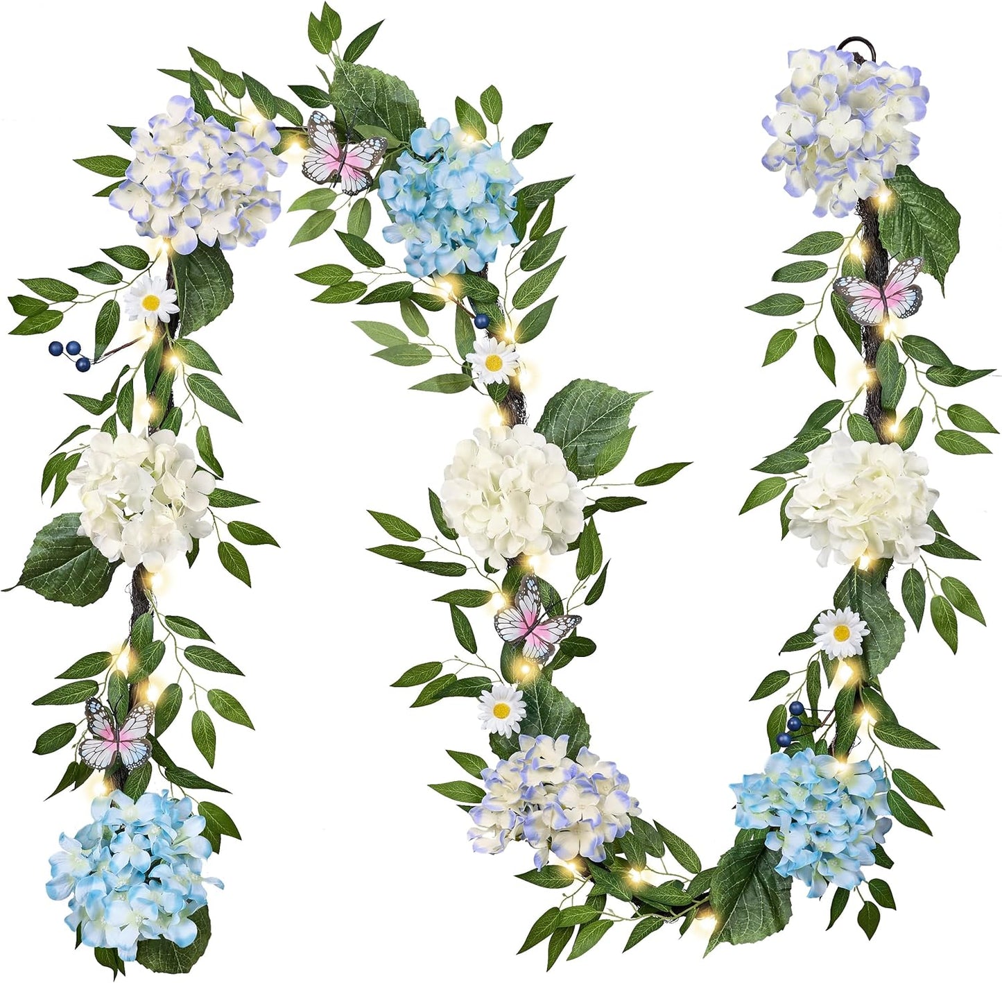 Valery Madelyn 6FT Spring Summer Flower Garland with Lights for Mantle,Blue White Hydrangeas Floral Garland with Eucalyptus Leaves Butterfly for Home Table Centrepiece Stairs Wedding Party Decorations