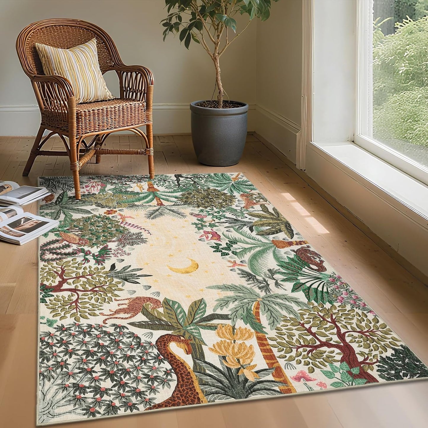 GarveeHome 4x6 Washable Area Rug for Kids Room, Jungle Animal Soft Bedroom Rug Non Slip Low Pile Small Carpet Stain Resistant Throw Rug for Bedside Playroom Classroom Office Dining Room