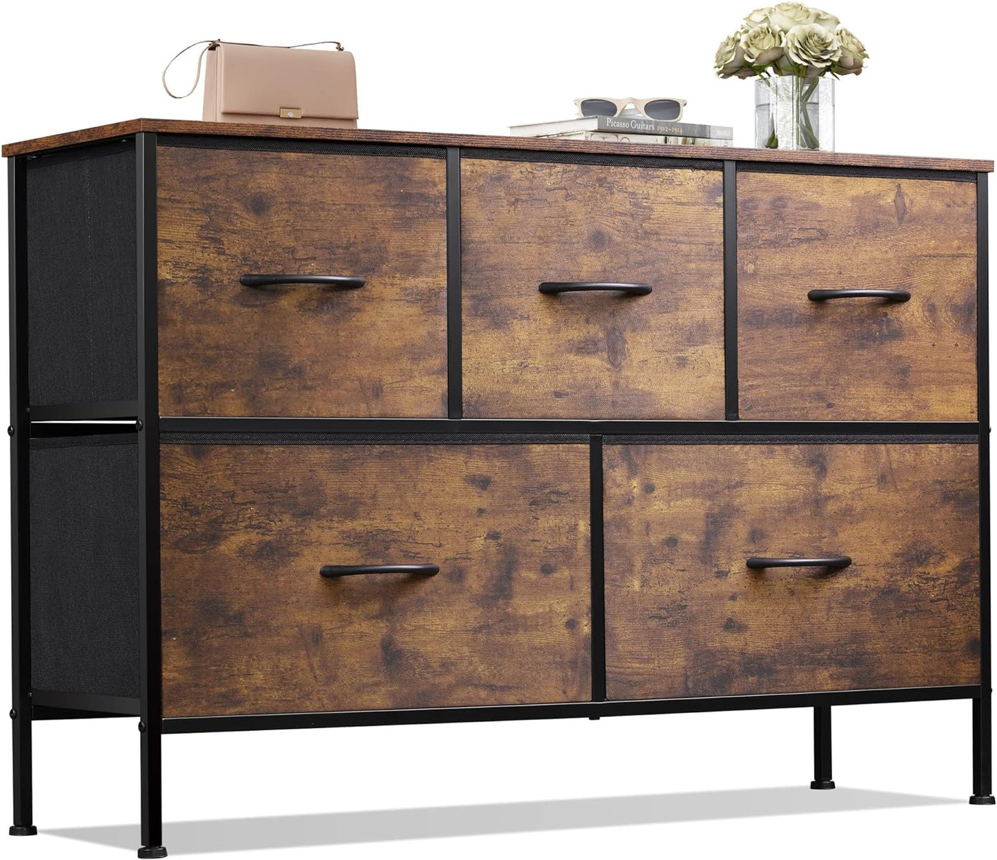 WLIVE Dresser for Bedroom with 5 Drawers, Wide Chest of Drawers, Fabric Dresser, Storage Organizer Unit with Fabric Bins for Closet, Living Room, Hallway, Dark Grey