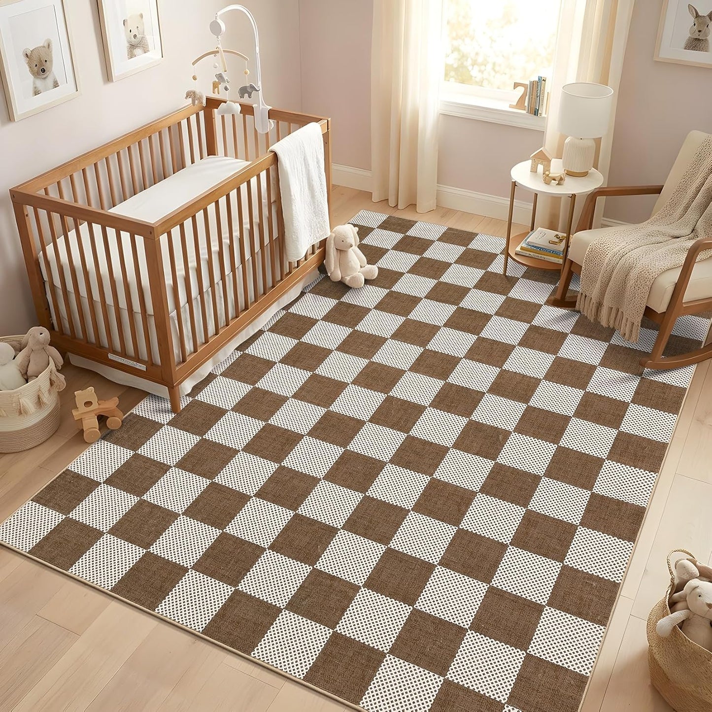 Checkered Sage Green 4x6 Washable Rug Geometric Diamond Dot Modern Soft Low-Pile Girls Small Rug for Bedroom Nursery Living Room Entryway Non-Slip TPE Backing