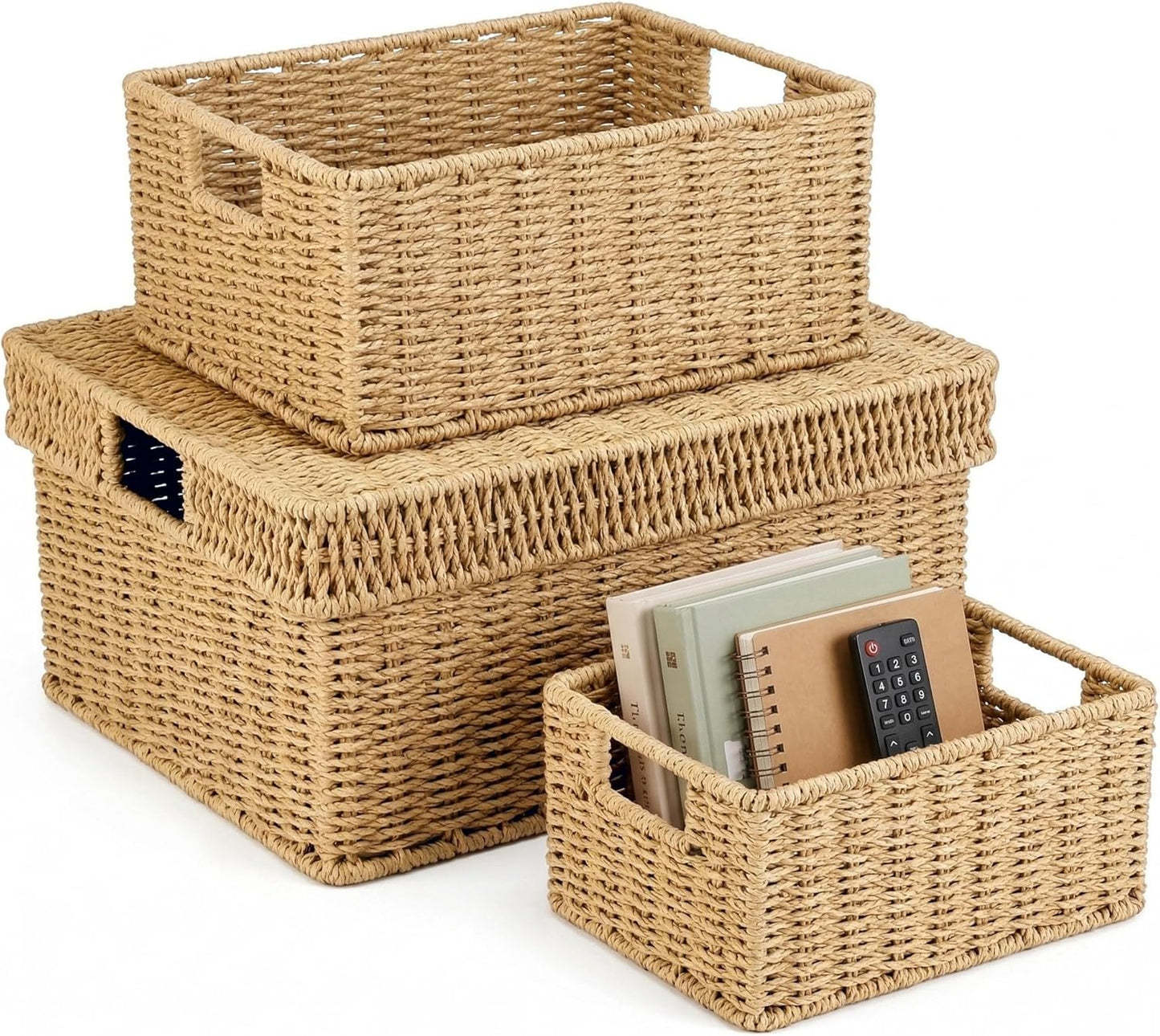 Wicker Storage Basket with Lid - Woven Storage Basket for Organizing,Rectangular Decorative Boxes Bins with Lids for Shelves, living room, Nursery, 2-Piece Set(Natural)